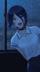  1girl arms_behind_back black_choker blurry blurry_background blush breasts chainsaw_man choker collared_shirt commentary_request condensation dark green_eyes grenade_pin hair_between_eyes high-waist_pants highres looking_at_viewer open_mouth pants polo_shirt purple_hair reze_(chainsaw_man) shirt short_sleeves smile solo teeth umigraphics upper_teeth_only white_shirt 