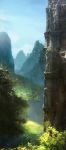 bird castle forest highres landscape long_image mountain nature no_humans original overgrown parrot ruins scenery sky sunlight tall_image tree 