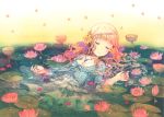  afloat blonde_hair braid closed_eyes cross eyes_closed flower h2so4 hair_flower hair_ornament highres jewelry lily_pad necklace original scan sketch solo star water wet wet_clothes 