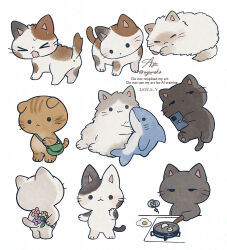  >_< animal animal_focus ayu_(mog) bag black_cat calico_(pattern) calico_cat cat cellphone closed_eyes commentary_request dated egg_(food) flower food frying_pan hat highres holding holding_flower no_humans open_mouth original phone signature simple_background smartphone solid_circle_eyes stuffed_animal stuffed_shark stuffed_toy twitter_username watermark whiskers white_background white_hat 