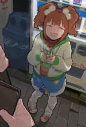  1girl 1other :d blue_skirt can closed_eyes commentary_request facing_viewer full_body highres holding holding_can holding_wallet hood hooded_jacket idolmaster idolmaster_(classic) jacket long_sleeves mugi_tamago open_clothes open_jacket open_mouth orange_hair outdoors shoes skirt smile socks solo_focus standing steam takatsuki_yayoi twintails vending_machine wallet 