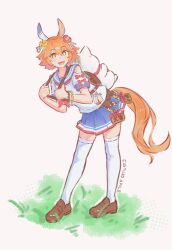  +_+ 1girl absurdres animal_ears applecusturd_2 backpack bag bead_bracelet beads blue_skirt blush bracelet clothing_cutout clover_hair_ornament daruma_doll daruma_doll_hair_ornament doll_hair_ornament ear_covers ema flipped_hair four-leaf_clover_hair_ornament good_fortune_symbol hair_between_eyes hair_ornament highres horse_ears horse_girl horse_tail jewelry looking_at_viewer maneki-neko matikanefukukitaru_(rising_fortune)_(umamusume) matikanefukukitaru_(umamusume) neckerchief open_mouth orange_hair red_neckerchief sailor_collar school_uniform serafuku shirt short_hair short_sleeves shoulder_cutout single_ear_cover skirt smile solo star-shaped_pupils star_(symbol) symbol-shaped_pupils tail thigh-highs umamusume white_shirt white_thighhighs 