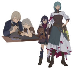  4girls aged_down ahoge alternate_costume apron armband belt black-framed_eyewear black_boots black_shirt black_shorts blonde_hair blue_eyes blue_hair blue_ribbon blue_shirt boots bow bronya_rand brown_belt brown_boots brown_shirt child clenched_hand closed_mouth collared_dress commentary crossed_bangs dress english_commentary flask full_body fur-trimmed_jacket fur_trim gears glasses grey_apron grey_eyes grey_hair hair_between_eyes hair_bow half-closed_eyes hand_on_own_face hand_on_own_hip hand_up hands_up highres holding holding_hands holding_screwdriver holding_stuffed_toy honkai:_star_rail honkai_(series) jacket lips liquid long_hair long_hair_between_eyes long_sleeves looking_at_another looking_at_object looking_at_viewer low_ponytail multicolored_hair multiple_girls music_box natasha_(honkai:_star_rail) neck_ribbon open_clothes open_jacket open_mouth open_shirt pink_eyes pocket ponytail purple_armband purple_dress purple_hair purple_jacket purple_scarf ribbon round-bottom_flask scarf screwdriver seele_(honkai:_star_rail) semi-rimless_eyewear serval_landau shadow shirt short_sleeves shorts simple_background smile standing streaked_hair stuffed_animal stuffed_toy suqling table teddy_bear teeth test_tube two-sided_dress two-sided_fabric upper_body v-shaped_eyebrows violet_eyes white_background white_bow white_dress zipper 