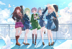  5girls absurdres bang_dream! bang_dream!_it's_mygo!!!!! bird black_jacket black_socks blonde_hair blue_eyes blue_hair blue_serafuku blue_shirt blue_skirt blush brown_hair brown_shoes brown_socks chinese_commentary clouds commentary_request commission crychic_(bang_dream!) day full_body green_hair green_jacket green_skirt grey_neckerchief hair_ribbon hand_on_own_hip haneoka_school_uniform highres instrument_case instrument_case_on_back jacket loafers looking_at_viewer multiple_girls nagasaki_soyo neck_ribbon neckerchief necktie notebook outdoors pink_eyes plaid_clothes plaid_skirt purple_hair purple_necktie purple_skirt railing red_eyes red_ribbon ribbon sakura_amano sample_watermark school_uniform second-party_source serafuku shadow shiina_taki shirt shoes skirt socks takamatsu_tomori togawa_sakiko tsukinomori_school_uniform wakaba_mutsumi watermark watermark_grid weibo_watermark white_socks 