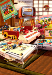  1girl 5boys animal armlet artist_name barrel bilingual_commentary birdo black_cape black_eyes black_hair black_shirt black_shoes blonde_hair blue_eyes blue_shirt blue_vest bowser bracelet brown_hair brown_shoes buck_teeth cape chill_(dr._mario) closed_mouth commentary company_connection controller crt dial_television donkey_kong donkey_kong_(1981_game) donkey_kong_(series) dr._mario dr._mario_(game) dress elbow_gloves english_commentary facial_hair famicom famicom_cartridge fever_(dr._mario) fuzz_(wario's_woods) game_cartridge game_console game_controller gloves gorilla green_hat green_overalls hammer hat highres holding holding_barrel holding_mushroom horns indoors jewelry ladder lakitu long_dress long_hair luigi maribou_(supermaribou) mario mario_bros. mini_person miniboy minigirl mismatched_eyebrows mixed-language_commentary multiple_boys mushroom mustache newsboy_cap nipples open_clothes open_mouth open_vest orange_hair overalls pants pink_dress pink_shoes princess_peach rabbit_ears_antenna radio_antenna red_hat red_overalls reflection shellcreeper shirt shoes short_hair shouji shy_guy sliding_doors smile spiked_armlet spiked_bracelet spikes spud_(wario's_woods) squeak_(wario's_woods) super_mario_bros. super_mario_bros._1 super_mario_bros._2 super_mario_bros._3 super_mushroom teeth television toad_(mario) tongue tongue_out twitter_username vest video_game virus_(dr._mario) wario wario's_woods wart_(mario) weird_(dr._mario) white_gloves white_pants wrecking_crew yellow_eyes 