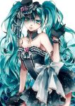  aqua_eyes aqua_hair bare_shoulders bracelet chain chains choker frills gloves gothic gothic_lolita hair_ornament hairclip hat hatsune_miku highres jewelry lolita_fashion long_hair mini_top_hat short_dress solo spiked_bracelet spikes top_hat tsukioka_tsukiho twintails veil very_long_hair vocaloid 