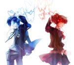  armband blue_eyes blue_hair bow butterfly digital_media_player evoker female_protagonist_(persona_3) gun gun_to_head hair_over_one_eye headphones persona persona_3 persona_3_portable red_eyes red_hair redhead ribbon school_uniform shion_(kizuro) short_hair skirt smile weapon 