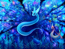  air_bubble animal_focus bubble commentary commission coral crystal dragonair eldrige english_commentary fish full_body lugia milotic no_humans pokemon pokemon_(creature) pokemon_focus rock sea_anemone seaweed underwater wailord 