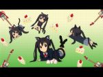  amano_(els573) animal_ears black_hair brown_eyes cake cat_ears cat_tail chibi flat_gaze food guitar instrument k-on! legs_up letterboxed long_hair looking_at_viewer lying nakano_azusa on_stomach payot school_uniform solo tail twintails wallpaper 