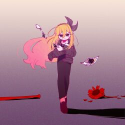  1girl alternate_costume alternate_hair_color aubrey_(faraway)_(omori) aubrey_(omori) bad_id bad_twitter_id baseball_bat black_eyes black_hairband black_pants black_shoes blonde_hair closed_mouth double-parted_bangs flower full_body gradient_hair hair_between_eyes hairband highres holding holding_photo long_hair long_sidelocks long_sleeves looking_at_viewer morivivi3 multicolored_hair omori pants photo_(object) pink_hair shoes sidelocks solo sunflower third-party_source two-tone_hair 