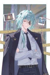  1boy absurdres alternate_costume anaxa_(honkai:_star_rail) aqua_hair belt belt_buckle black_belt black_coat black_necktie black_pants buckle closed_mouth coat collared_shirt commentary crossed_arms eyepatch gem grey_shirt hair_between_eyes hair_intakes highres honkai:_star_rail honkai_(series) male_focus medium_hair necktie one_eye_covered pants photo_(object) red_gemstone shirt side_ponytail solo symbol-only_commentary upper_body zante_(0xx0xzt) 