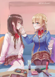  2girls absurdres applying_makeup asakura_karen_(heaven_burns_red) blazer blonde_hair blue_eyes blue_jacket blush bow bowtie braid brown_eyes brown_hair brown_skirt commentary_request cosmetics couch feeding food hair_ribbon heaven_burns_red highres holding jacket kurauchi_naya long_hair long_sleeves looking_at_another low_twintails makeup makeup_brush multiple_girls open_mouth pantyhose plaid_clothes plaid_skirt red_bow red_bowtie ribbon school_uniform shirt sitting skirt smile sweater_vest table toujou_tsukasa twintails twitter_username white_shirt yuri 
