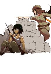  2girls arisaka battle bayonet bob_cut bolt_action brown_eyes brown_hair closed_mouth combat_helmet commentary_request dayue full_body gun helmet highres holding holding_gun holding_weapon imperial_japanese_army kuomintang long_hair long_sleeves mauser_98 military military_uniform multiple_girls national_revolutionary_army original pointing rifle second_sino-japanese_war shirt short_hair simple_background sleeveless sleeveless_shirt stahlhelm weapon white_background white_shirt 