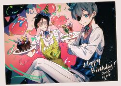  2boys apron balloon black_hair blue_eyes blue_sweater_vest border cake ciel_phantomhive collared_shirt commentary confetti crossed_arms crossed_legs dated eyepatch food grey_hair hair_between_eyes happy_birthday hat heart_balloon highres holding holding_cake holding_food holding_plate instrument kazoo kuroshitsuji male_focus multiple_boys parted_bangs party_hat pennant plate sebastian_michaelis shirt sunglasses sweater_vest symbol-only_commentary white_border white_shirt yellow_apron yjftttt 