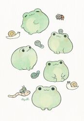  :3 animal_focus ayu_(mog) bug closed_eyes closed_mouth commentary_request english_commentary frog ladybug mixed-language_commentary multiple_views no_humans original romaji_commentary signature simple_background snail solid_circle_eyes tadpole white_background 
