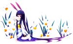  akino_sora animal_ears bad_id black_hair bunny_ears daffodil fan flower folding_fan highres japanese_clothes kimono long_hair original red_eyes solo very_long_hair 