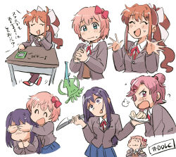  4girls blue_eyes brown_hair brown_jacket brown_leggings doki_doki_literature_club doki_doki_literature_club_school_uniform holding holding_knife jacket knife leggings monika_(doki_doki_literature_club) multiple_girls natsuki_(doki_doki_literature_club) neck_ribbon open_clothes open_jacket orange_shirt pink_eyes pink_hair pleated_skirt purple_hair red_ribbon ribbon sayori_(doki_doki_literature_club) school_uniform shirt short_twintails skirt sweatdrop translation_request tsubobot twintails violet_eyes yuri_(doki_doki_literature_club) 