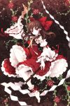  absurdres ankle_cuffs barefoot bow brown_hair detached_sleeves embellished_costume face feet flower frills gohei hair_bow hakurei_reimu highres jewelry lace long_hair miko ofuda red_eyes scan solo tarot tearfish touhou 