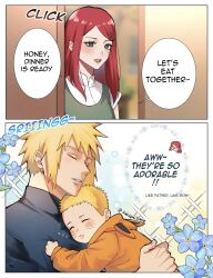  1girl 2boys animal_ear_hood black_shirt blonde_hair blue_eyes blue_flower blush border child closed_eyes commentary dress english_commentary english_text facial_mark family father_and_son flower forget-me-not_(flower) green_dress hair_ornament hairclip highres hood hood_down hoodie kakashiitake long_hair multiple_boys namikaze_minato naruto_(series) open_mouth orange_hoodie parted_lips red_hair shirt shirt_under_dress short_hair sleeping smile sparkle spiky_hair straight_hair swept_bangs twitter_username uzumaki_kushina uzumaki_naruto whisker_markings white_border white_shirt zzz 