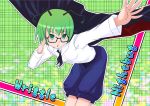  antennae bespectacled cape character_name glasses green_eyes green_hair highres mamepoppo open_mouth outstretched_arm pants short_hair solo touhou wriggle_nightbug 