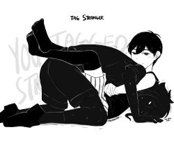  2boys antenna_hair artist_name black_shoes black_shorts black_skin black_socks black_sweater_vest black_tank_top black_thighhighs closed_mouth colored_skin commentary double-parted_bangs english_commentary english_text hair_between_eyes looking_at_viewer lying maisani male_focus multiple_boys omori omori_(omori) on_back profanity shoes short_hair short_sleeves shorts sidelocks smile socks stranger_(omori) striped_clothes striped_shorts sweat sweater_vest tank_top thigh-highs vertical-striped_clothes vertical-striped_shorts white_eyes white_shorts white_skin 