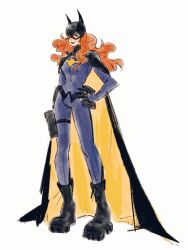  1girl absurdres bat_hood bat_mask batgirl black_boots black_cape black_gloves black_mask bodysuit boots breasts cape closed_mouth commentary dc_comics english_commentary full_body gloves grey_bodysuit hand_on_own_hip highres long_hair medium_breasts mmariesr orange_hair pouch sketch solo standing superhero_costume thigh_pouch two-sided_cape two-sided_fabric white_background yellow_cape 