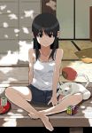  barefoot black_hair blue_eyes cat character_request fan feet indian_style long_hair original paper_fan pet porch reitana rubik&#039;s_cube rubik's_cube shorts sitting solo uchiwa veranda 