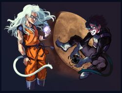  1boy 1girl absurdres black_border black_hair boots border character_request cosplay dragon_ball evil_grin evil_smile floating floating_hair friday72 glowing glowing_eyes grin highres knees_up long_hair monkey_tail nephis_(shadow_slave) orange_tunic orb smile son_goku son_goku_(cosplay) standing sunny_(shadow_slave) tail tunic underlighting white_hair 