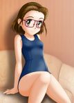  brown_eyes brown_hair couch glasses kasuga_chiharu neopure one-piece_swimsuit school_swimsuit short_hair swimsuit true_love_story 