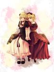  beatrice_(cosplay) blonde_hair cosplay dress flower frills hand_holding highres holding_hands ponytail siblings umineko_no_naku_koro_ni ushiromiya_jessica ushiromiya_lion 