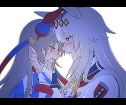  2girls ahoge animal_ears blue_eyes blue_hairband blue_jacket blue_sailor_collar blush brooch closed_eyes commentary_request crying ear_covers ear_ornament fingerless_gloves gloves grey_hair hair_between_eyes hair_ornament hairband hand_on_another's_chest hand_on_another's_hand hands_on_another's_face headband horse_ears horse_girl imymemine_777 jacket jewelry long_hair long_sleeves looking_at_another multicolored_hair multiple_girls neckerchief oguri_cap_(starlight_beat)_(umamusume) oguri_cap_(umamusume) parted_lips red_headband red_neckerchief sailor_collar shirt star_brooch striped_clothes striped_hairband tamamo_cross_(umamusume) tamamo_cross_(with_lightning_speed)_(umamusume) umamusume umamusume:_cinderella_gray upper_body white_jacket white_shirt 