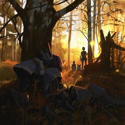  1girl bare_tree bird commentary dog english_commentary evening forest highres mecha nature original outdoors penguin robot scenery science_fiction snatti sun sunset tree warm_colored welsh_corgi 