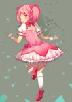  bad_id blush bow bubble_skirt dress gloves gomibox grey_background hair_bow heart kaname_madoka looking_back magical_girl mahou_shoujo_madoka_magica open_mouth pink_eyes pink_hair short_hair short_twintails twintails 