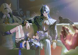  1boy 3girls absurdres arm_rest bandaid bandaid_on_leg black_cat black_gloves black_hair black_hairband black_jacket black_shorts blade_(honkai:_star_rail) blowing_bubble_gum cat chewing_gum chinese_clothes commentary_request couch drill_hair drill_ponytail elbow_rest eyewear_on_head firefly_(honkai:_star_rail) fur-trimmed_jacket fur_trim gloves grey_eyes grey_hair hair_ribbon hairband handheld_game_console highres holding holding_handheld_game_console honkai:_star_rail honkai_(series) indoors jacket kafka_(honkai:_star_rail) lap_pillow legs_up long_hair long_sleeves looking_at_another lying multiple_girls on_couch pants playing_games pov pov_hands purple-tinted_eyewear purple_gloves red_eyes ribbon shorts silver_wolf_(honkai:_star_rail) sitting stellaron_hunters_(honkai:_star_rail) thigh_strap tinted_eyewear um4yd 