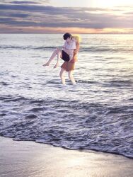  2boys antenna_hair artist_name barefoot basil_(faraway)_(omori) basil_(omori) beach black_eyes black_hair black_shorts blonde_hair blush bright_pupils brown_shorts closed_eyes clouds cloudy_sky commentary day english_commentary highres maisani male_focus multiple_boys ocean omori open_mouth outdoors photo_background shirt short_hair short_sleeves shorts sidelocks sky sunny_(omori) teeth upper_teeth_only water white_pupils white_shirt 