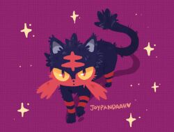  animal_focus artist_name cat closed_mouth commentary english_commentary full_body joypandaah litten no_humans pokemon pokemon_(creature) pokemon_focus purple_background shadow solo sparkle 