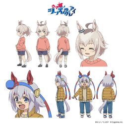  2girls aged_down ahoge animal_ears bandaged_leg bandages bandaid bandaid_on_face bandaid_on_nose blue_eyes blue_hairband blue_pants blue_shorts blush brown_sweater closed_eyes coat commentary_request ear_covers ear_ornament fang grey_hair grey_tail hair_between_eyes hairband headband horse_ears horse_girl horse_tail long_sleeves medium_hair multicolored_hair multiple_girls multiple_views official_art oguri_cap_(umamusume) open_clothes open_coat open_mouth pants pink_sweater ponytail red_headband shoes shorts smile socks striped_clothes striped_hairband sweater tail tamamo_cross_(umamusume) umamusume umamusume:_cinderella_gray white_socks yellow_coat 