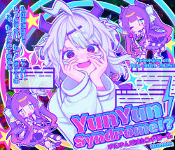  2girls @_@ ahoge bonkk1 chibi copyright_name demon_horns demon_wings fake_horns hands_on_own_face hands_up highres horns long_sleeves looking_at_viewer multiple_girls multiple_views open_mouth q-chan_(yunyun_denpa_syndrome) smile translation_request tumblr_username twintails watermark white_hair wings yunyun_(yunyun_denpa_syndrome) yunyun_denpa_syndrome 