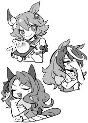  +_+ 3girls animal_ears beer_hsk bow closed_mouth clothing_cutout cropped_torso crystal_ball daruma_doll ear_bow flower greyscale hair_between_eyes hair_flower hair_ornament highres horse_ears horse_girl horse_tail king_halo_(umamusume) long_hair matikanefukukitaru_(rising_fortune)_(umamusume) matikanefukukitaru_(umamusume) monochrome multicolored_hair multiple_girls one_side_up pleated_skirt puffy_short_sleeves puffy_sleeves sailor_collar school_uniform shirt short_sleeves shoulder_cutout simple_background skirt smile streaked_hair symboli_rudolf_(umamusume) tail tracen_school_uniform two-tone_hair umamusume very_long_hair white_background 