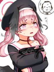  1boy 1girl bag black_hat black_wings blue_archive blush brown_choker choker commentary_request crying doodle_sensei_(blue_archive) flying_sweatdrops gumakara halo hat head_wings holding holding_bag koharu_(blue_archive) looking_up low_wings off_shoulder pink_eyes pink_hair profile raised_inner_eyebrows sensei_(blue_archive) sleeves_past_wrists snail sweat sweatdrop tears translation_request twintails upper_body wavy_mouth wings 