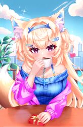  1girl absurdres animal_ears bandaid blonde_hair colored_inner_animal_ears didier3.00 dog_ears dog_girl fuwawa_abyssgard hair_ornament hairband highres hololive hololive_english long_hair looking_at_viewer off_shoulder pink_eyes pov_across_table sweater upper_body virtual_youtuber 