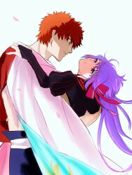  1boy 1girl bow cape dancing emiya_shirou fate/grand_order fate_(series) hair_bow highres long_hair matou_sakura matou_sakura_(imaginary_around) mizutaki_yakko purple_hair red_hair senji_muramasa_(fate) single_bare_shoulder unworn_cape white_cape 