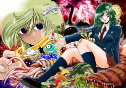  1boy 1girl black_eyes black_jacket black_socks blemmyes blonde_hair blue_eyes brown_eyes brown_skirt bug clouds collared_shirt commentary_request creature creature_on_head creature_on_leg cryptid empty_eyes extra_eyes fangs flying frilled_neck_lizard gedou_saimon glowing glowing_eyes green_hair headless jacket japanese_flag jellyfish kneehighs light_rays loch_ness_monster long_hair looking_at_viewer mikakunin_shounen_gedou miniskirt monster nautilus_(animal) necktie no_pupils official_art okano_takeshi one-eyed open_mouth parted_lips plaid_clothes plaid_skirt pleated_skirt rabbit red_clouds red_necktie saliva saliva_trail scarf sea_slug sea_urchin sharp_teeth shirt short_hair sitting skirt skyfish_(cryptid) slime_(creature) smile snail snake socks teeth tree tsuchinoko webbed_hands white_shirt wings worm yellow_eyes yellow_scarf yuuki_sarara 