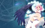  black_wings breasts cleavage feathers highres horns magic_circle open_mouth original outstretched_arms outstretched_hand panties pink_hair pixiv_fantasia pixiv_fantasia_4 pointy_ears red_eyes see-through short_hair solo tattoo thigh-highs thighhighs underwear underwear_only wallpaper white_legwear white_thighhighs wings 