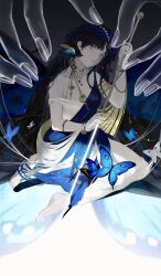  1girl absurdres bare_shoulders barefoot black_hair blue_dress blue_veil commentary_request dark_background dress evening_gown full_body highres insect_pin isolde_(reverse:1999) isolde_(the_last_fluttering_beat)_(reverse:1999) long_hair official_alternate_costume oversized_object parted_lips reverse:1999 shenqi_a_hao sitting sleeveless sleeveless_dress solo two-tone_dress veil very_long_hair violet_eyes white_dress yokozuwari 