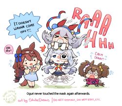  >_< 4girls ahoge animal_ears belt blue_hairband blue_sailor_collar blue_skirt bow bowtie braid breasts broken_mask brooch brown_hair chibi chibi_only closed_eyes commentary crack cracked_kawaii_mask cracked_mask crying ear_covers ear_ornament english_commentary english_text fang grey_hair grey_tail hair_between_eyes hair_ornament hairband hands_on_own_face headband highres hood hoodie horse_ears horse_girl horse_tail inari_one_(casual)_(umamusume) inari_one_(umamusume) jewelry long_hair long_sleeves mask mask_on_head multicolored_hair multiple_girls neckerchief o_o oguri_cap_(starlight_beat)_(umamusume) oguri_cap_(umamusume) open_mouth pink_bow pink_bowtie pink_hoodie pleated_skirt red_headband red_hoodie red_neckerchief sailor_collar sailor_shirt shibedraws shirt skin_fang skirt speech_bubble star_brooch streaked_hair striped_clothes striped_hairband super_creek_(casual)_(umamusume) super_creek_(umamusume) sweat tail tamamo_cross_(casual)_(umamusume) tamamo_cross_(umamusume) tearing_up teeth twintails umamusume umamusume:_cinderella_gray very_long_hair white_hair white_shirt 