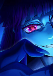  1boy 1girl absurdres blue_hair blue_theme blunt_bangs eye_reflection fin_naubot furudo_erika highres long_hair looking_at_viewer red_eyes red_hair reflection short_hair smile suit umineko_no_naku_koro_ni ushiromiya_battler white_suit 