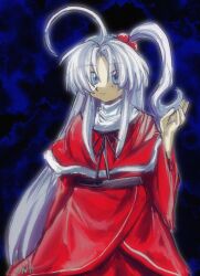  1girl ahoge artist_name blue_background blue_eyes capelet closed_mouth dress highres long_hair long_sleeves looking_at_viewer red_capelet red_dress shinki_(touhou) side_ponytail smile solo touhou touhou_(pc-98) very_long_hair white_hair yuuki_(yuk) 