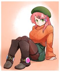  1girl alternate_costume beret blush_stickers boots border brown_boots brown_pantyhose green_eyes green_hat green_skirt hair_ornament hairclip hand_on_floor hat headphones highres looking_to_the_side momone_momo open_mouth orange_background orange_sweater pantyhose pink_hair saruyama_ushirou sitting skirt sleeves_past_wrists solo sweater utau white_border zipper_skirt 