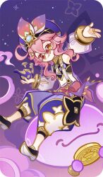  1girl arabian_clothes bad_source closed_mouth detached_sleeves dori_(genshin_impact) genshin_impact hair_between_eyes harem_pants hat looking_at_viewer official_art pants pink_hair puffy_pants purple_hat purple_pants red-tinted_eyewear short_hair_with_long_locks sitting smile solo tinted_eyewear tongue tongue_out yellow_eyes 